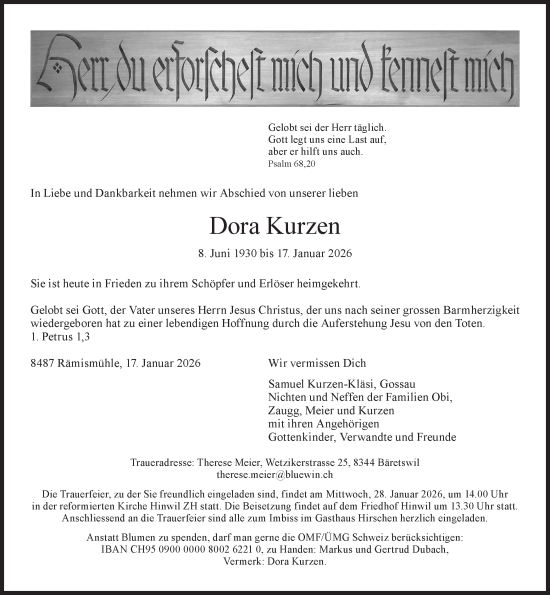 Traueranzeige von Dora Kurzen von AvU