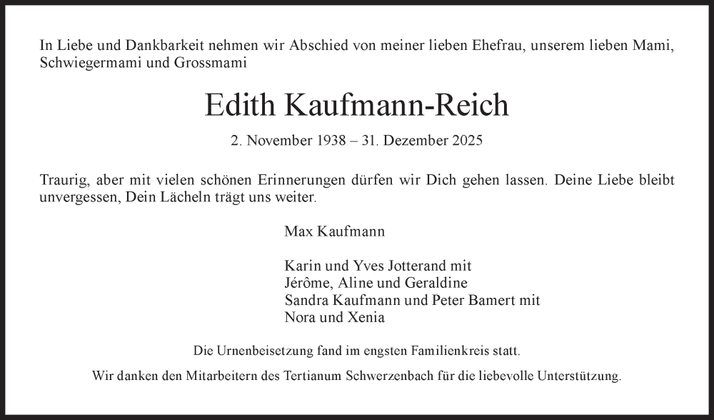 Traueranzeige für Edith Kaufmann-Reich vom 09.01.2026 aus VO solo