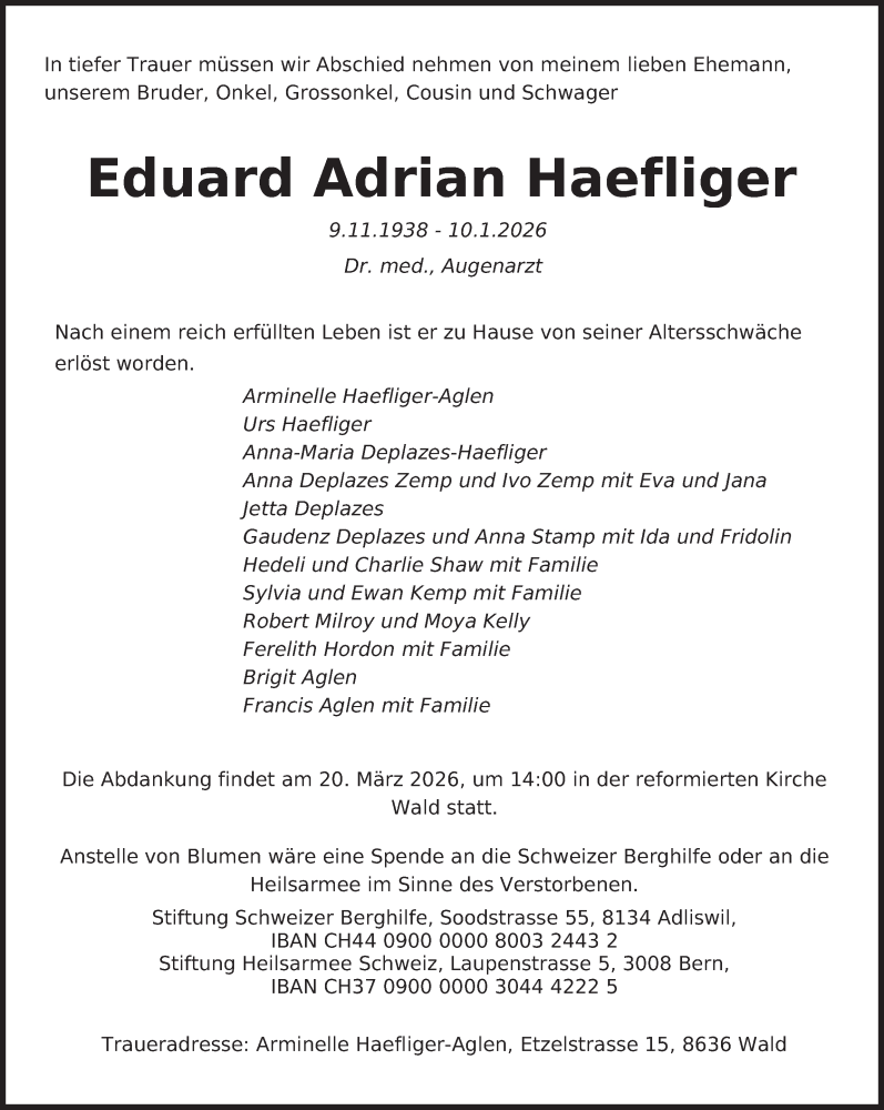  Traueranzeige für Eduard Adrian Haefliger vom 16.01.2026 aus AvU