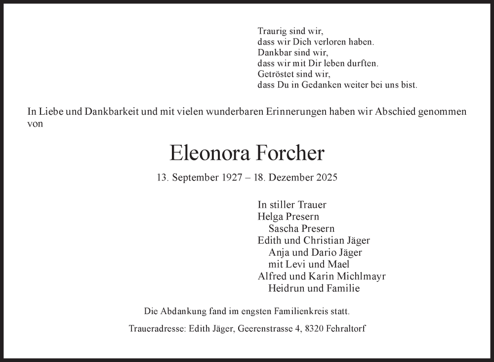  Traueranzeige für Eleonora Forcher vom 28.01.2026 aus AvU