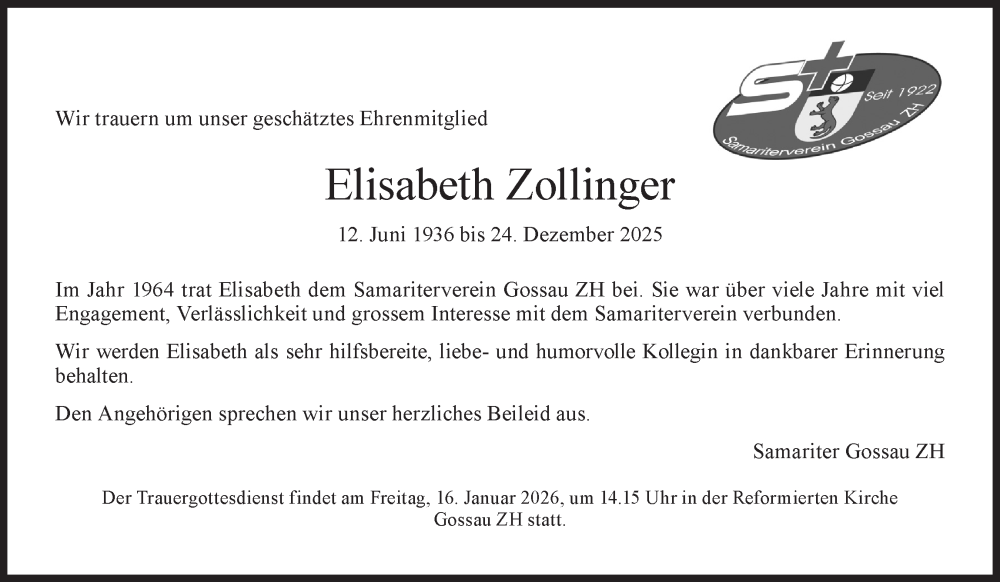  Traueranzeige für Elisabeth Zollinger vom 07.01.2026 aus AvU
