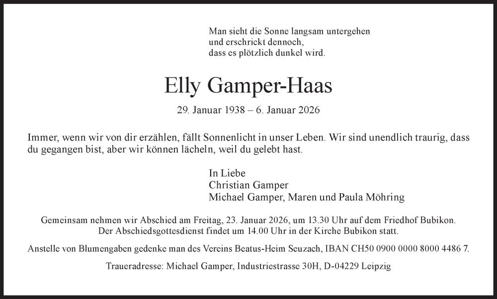  Traueranzeige für Elly Gamper-Haas vom 14.01.2026 aus AvU