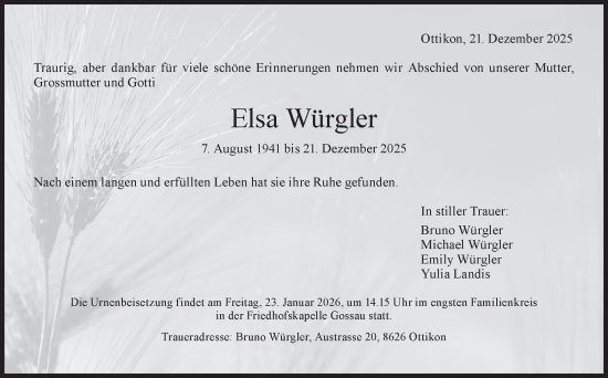 Traueranzeige von Elsa Würgler von AvU