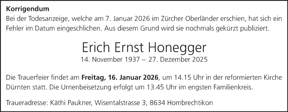  Traueranzeige für Erich Ernst Honegger vom 09.01.2026 aus AvU