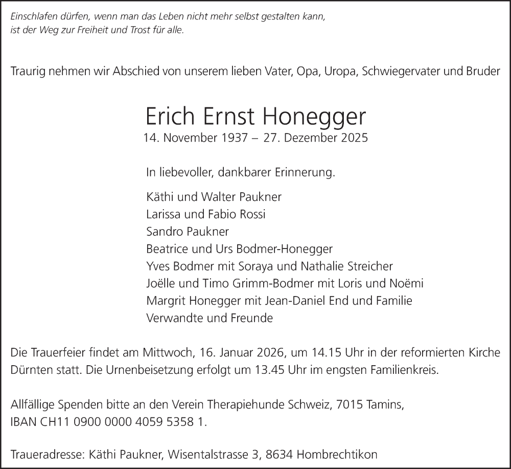  Traueranzeige für Erich Ernst Honegger vom 07.01.2026 aus AvU