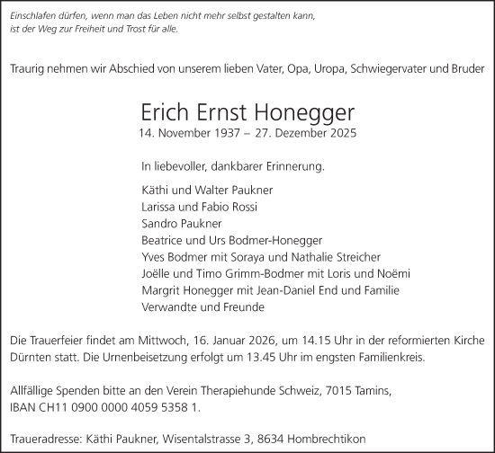 Traueranzeige von Erich Ernst Honegger von AvU