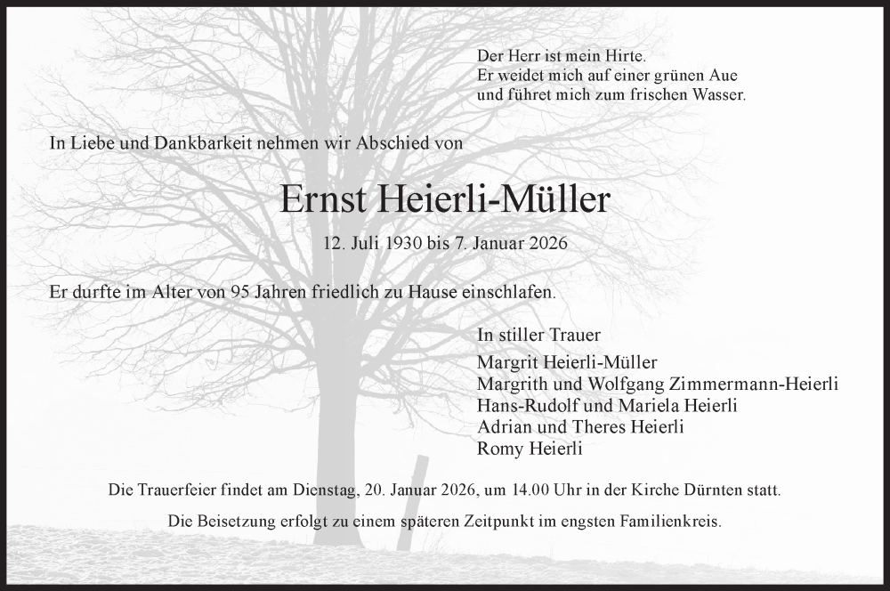  Traueranzeige für Ernst Heierli-Müller vom 14.01.2026 aus AvU