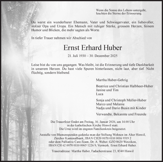 Traueranzeige von Ernst Erhard Huber von AvU
