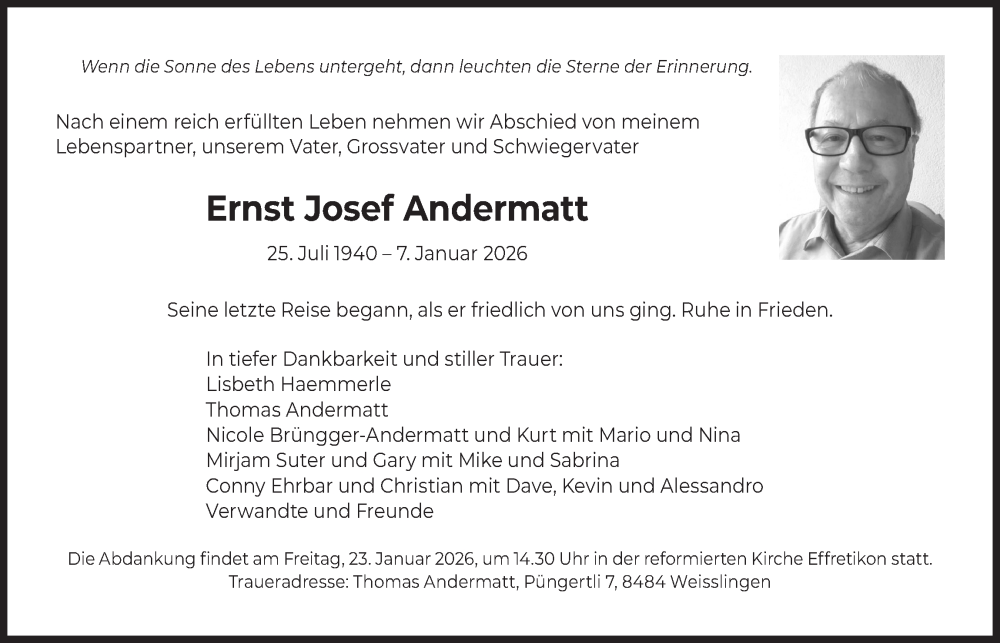 Traueranzeige für Ernst Josef Andermatt vom 22.01.2026 aus AvU