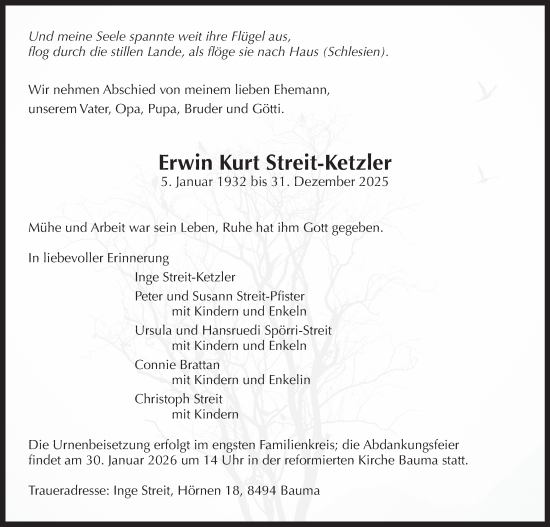 Traueranzeige von Erwin Kurt Streit-Ketzler von AvU