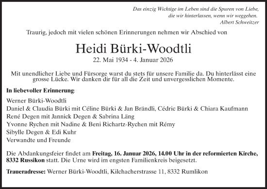 Traueranzeige von Heidi Bürki-Woodtli von AvU