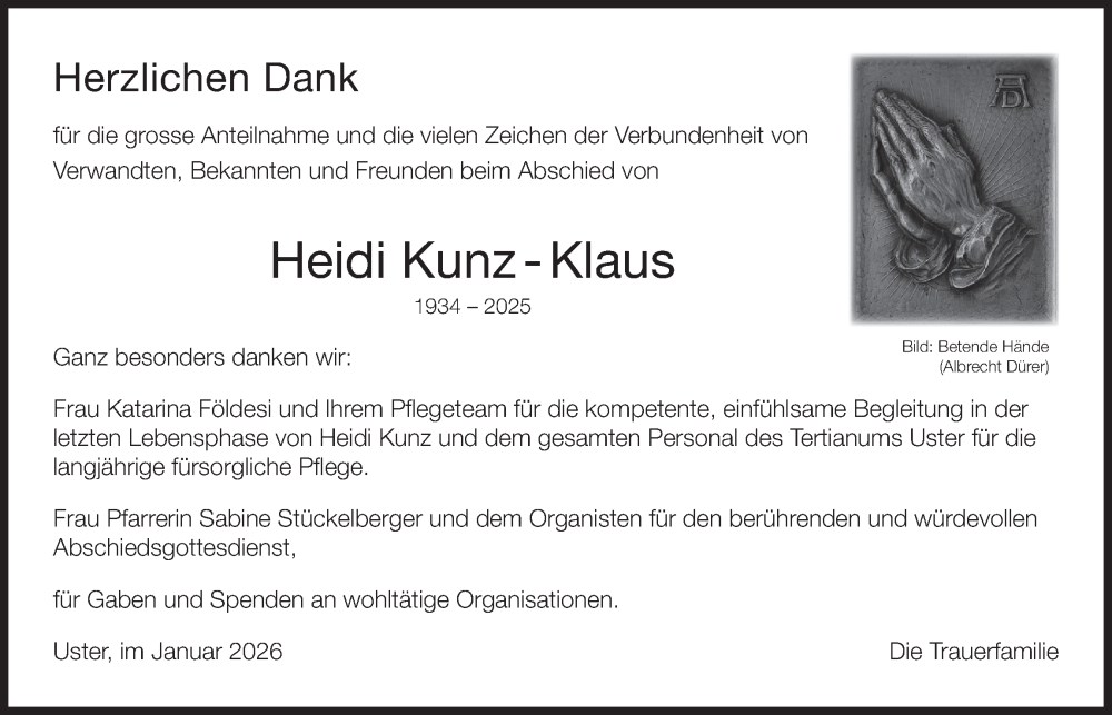  Traueranzeige für Heidi Kunz-Klaus vom 28.01.2026 aus AvU