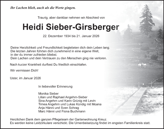 Traueranzeige von Heidi Sieber-Girsberger von AvU