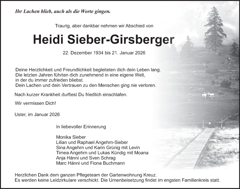  Traueranzeige für Heidi Sieber-Girsberger vom 28.01.2026 aus AvU