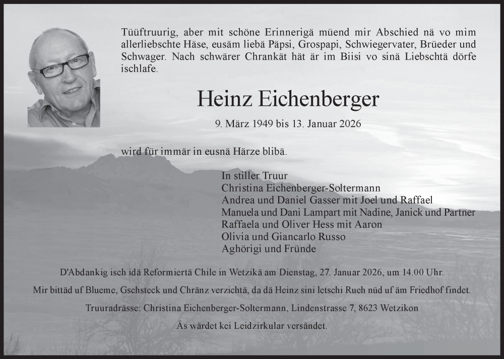 Traueranzeige für Heinz Eichenberger vom 21.01.2026 aus AvU