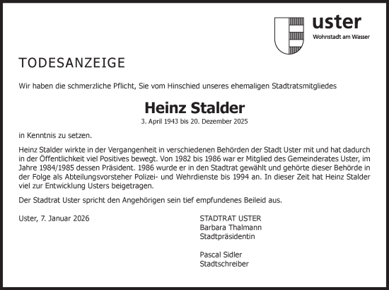Traueranzeige von Heinz Stalder von AvU