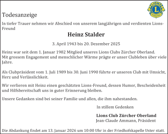 Traueranzeige von Heinz Stalder von AvU
