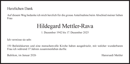 Traueranzeige von Hildegard Mettler-Rava von AvU