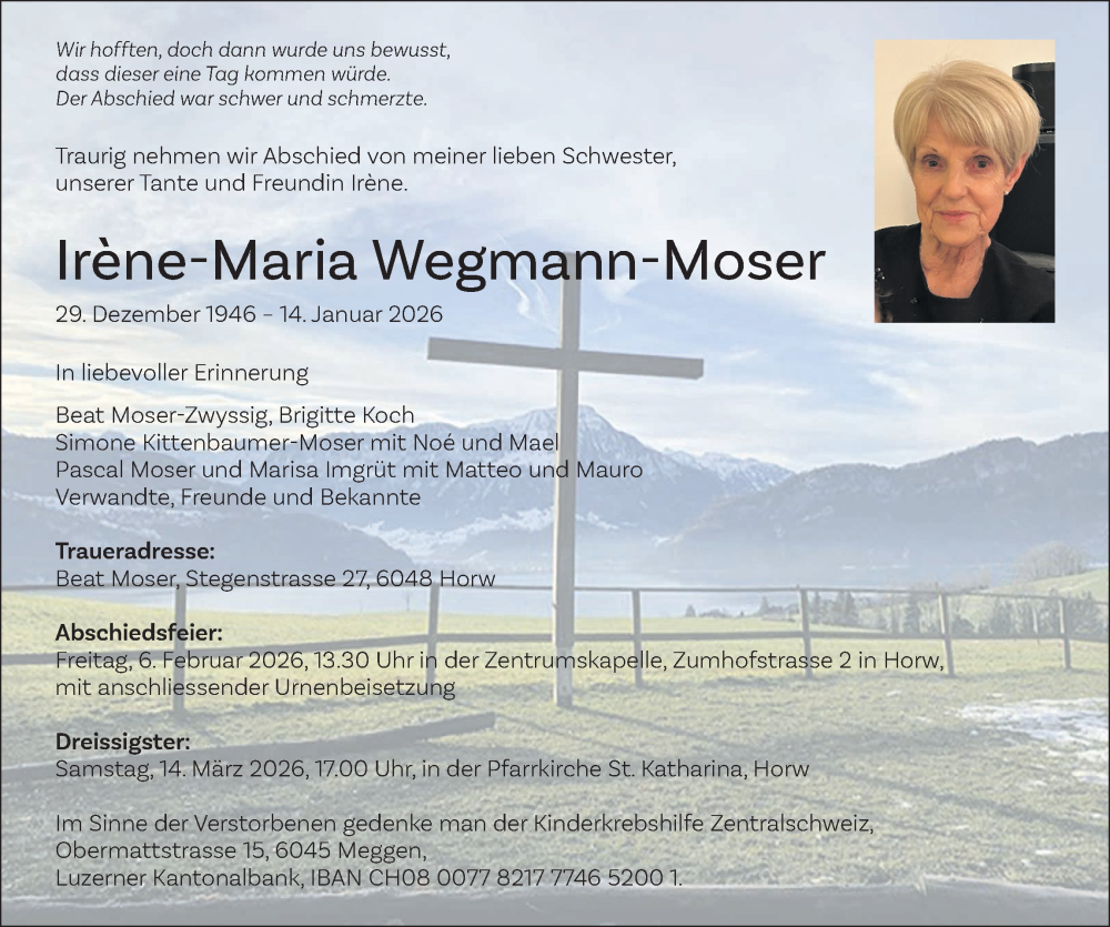  Traueranzeige für Irène-Maria Wegmann-Moser vom 28.01.2026 aus AvU
