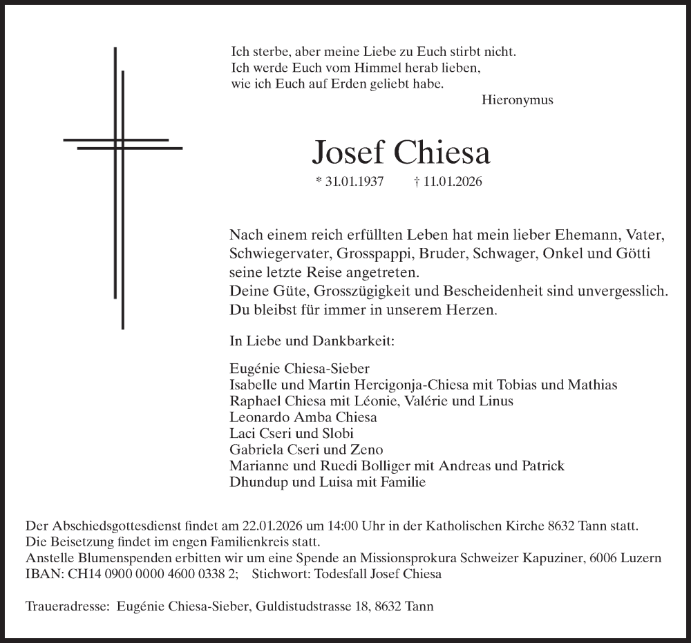  Traueranzeige für Josef Chiesa vom 15.01.2026 aus AvU