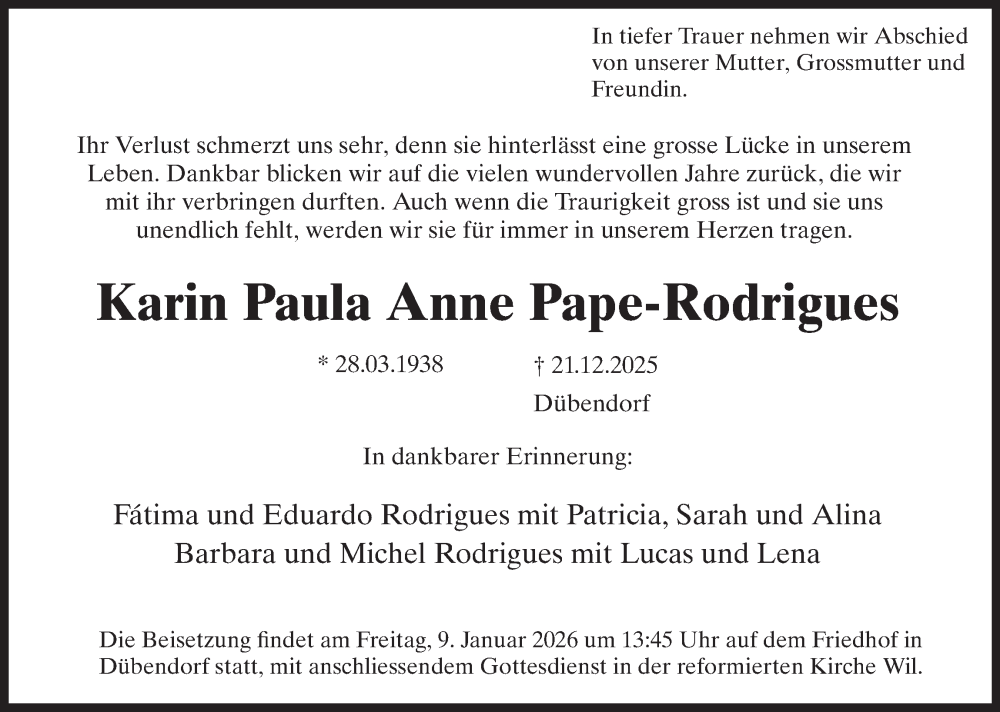  Traueranzeige für Karin Paula Anne Pape-Rodrigues vom 09.01.2026 aus GL solo