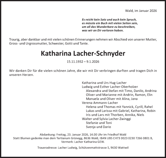 Traueranzeige von Katharina Lacher-Schnyder von AvU