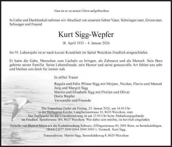 Traueranzeige von Kurt Sigg-Wepfer von AvU