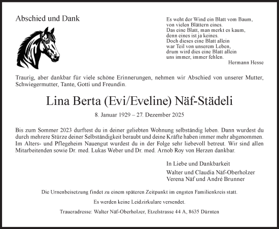 Traueranzeige von Lina Berta Näf-Städeli von AvU