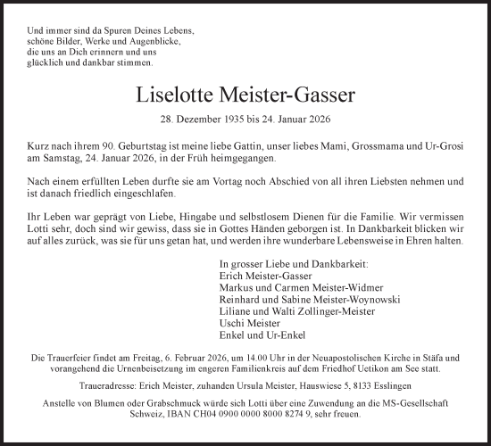 Traueranzeige von Liselotte Meister-Gasser von AvU