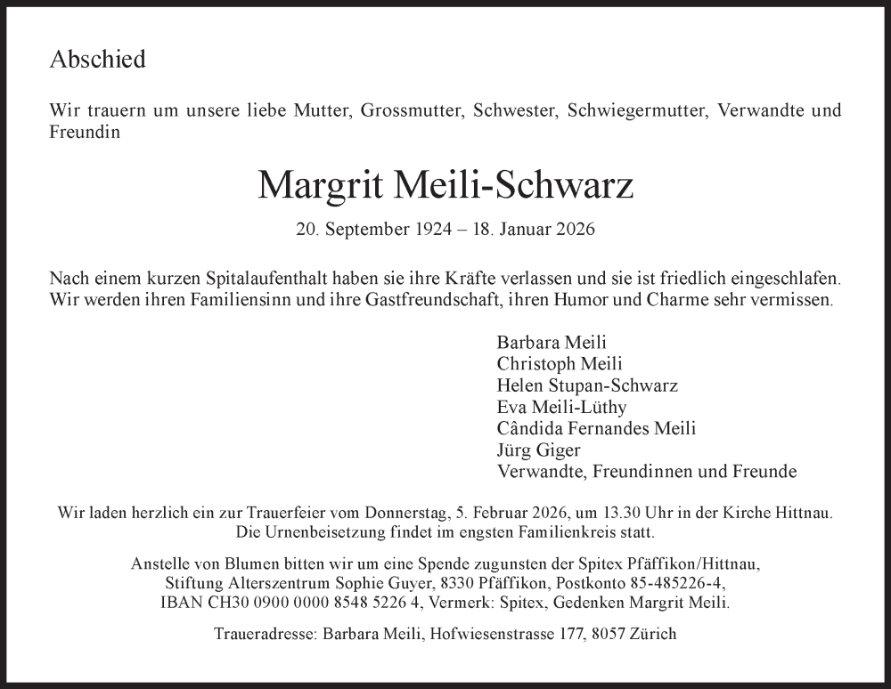  Traueranzeige für Margrit Meili-Schwarz vom 28.01.2026 aus AvU