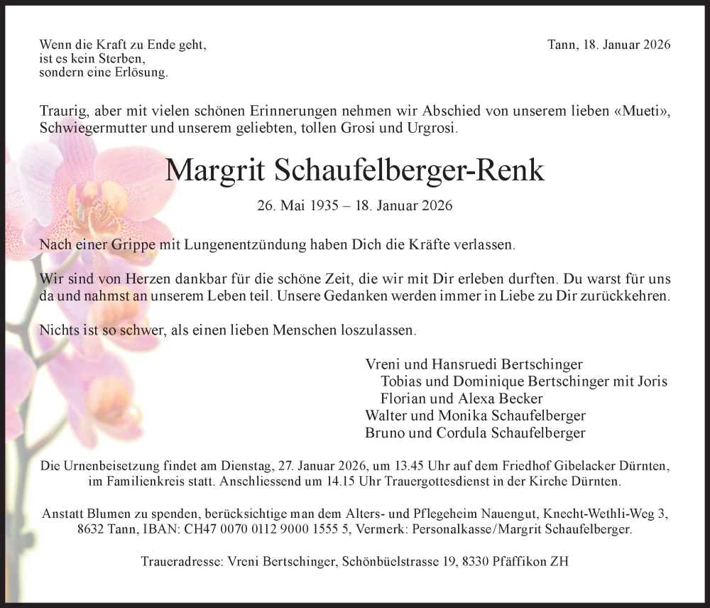  Traueranzeige für Margrit Schaufelberger-Renk vom 22.01.2026 aus AvU