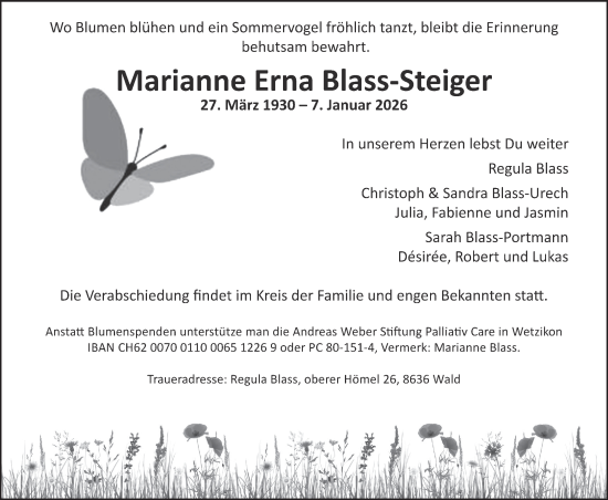 Traueranzeige von Marianne Erna Blass-Steiger von AvU