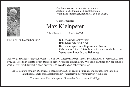 Traueranzeige von Max Kleinpeter von AvU