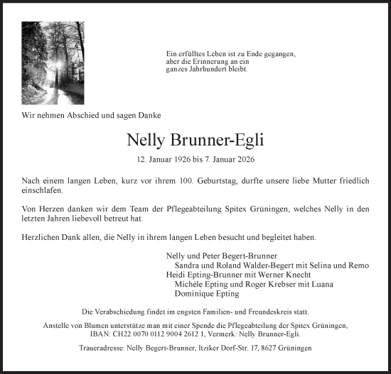 Traueranzeige von Nelly Brunner-Egli von AvU