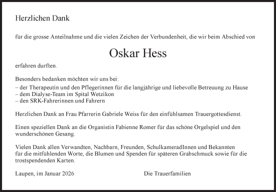 Traueranzeige von Oskar Hess von AvU