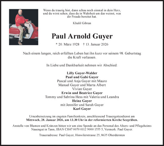 Traueranzeige von Paul Arnold Guyer von AvU