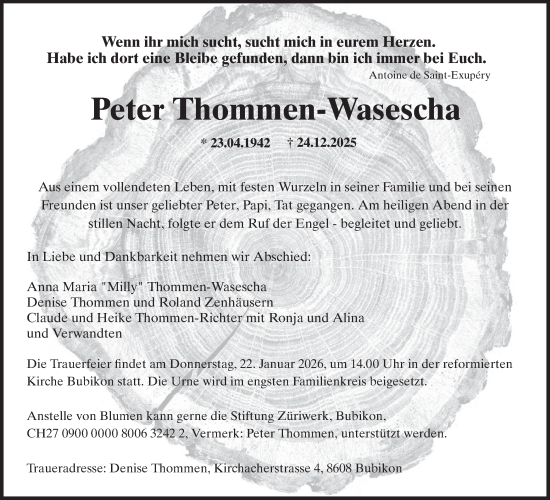 Traueranzeige von Peter Thommen-Wasescha von AvU
