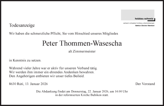 Traueranzeige von Peter Thommen-Wasescha von AvU