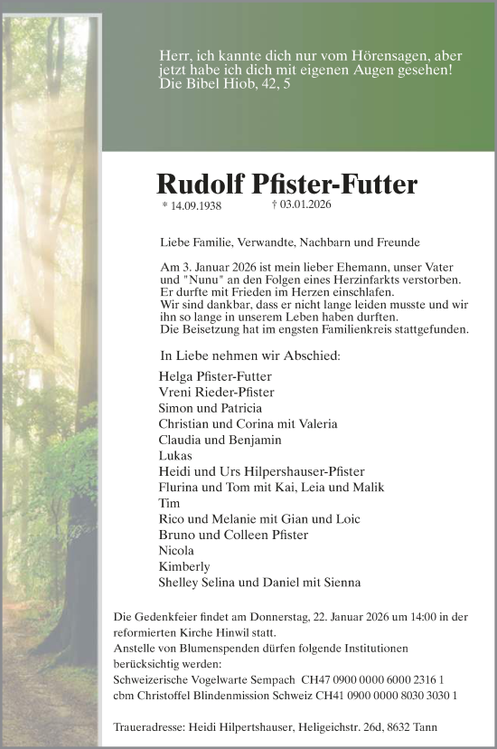 Traueranzeige von Rudolf Pfister-Futter von AvU