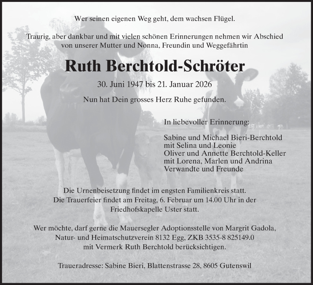  Traueranzeige für Ruth Berchtold-Schröter vom 28.01.2026 aus AvU