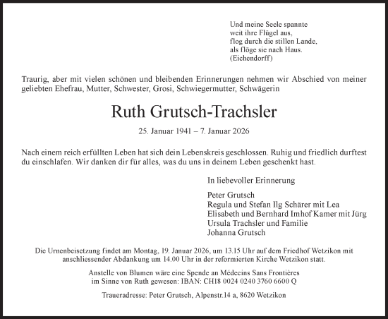 Traueranzeige von Ruth Grutsch-Trachsler von AvU