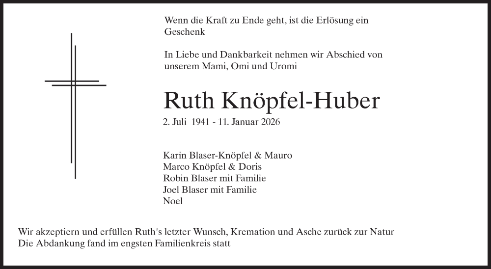  Traueranzeige für Ruth Knöpfel-Huber vom 23.01.2026 aus GL solo