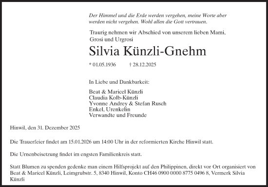 Traueranzeige von Silvia Künzli-Gnehm von AvU
