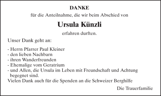 Traueranzeige von Ursula Künzli von AvU