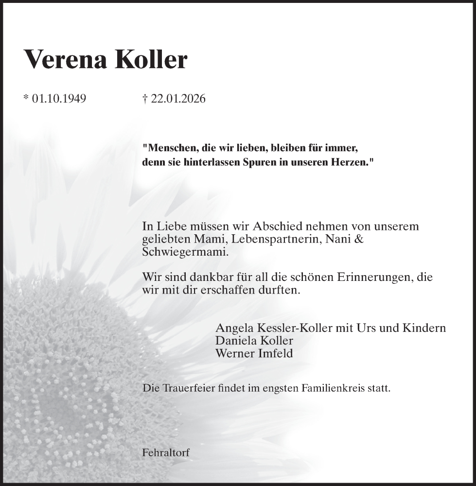  Traueranzeige für Verena Koller vom 28.01.2026 aus AvU