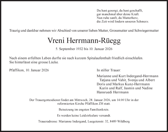 Traueranzeige von Vreni Herrmann-Rüegg von AvU