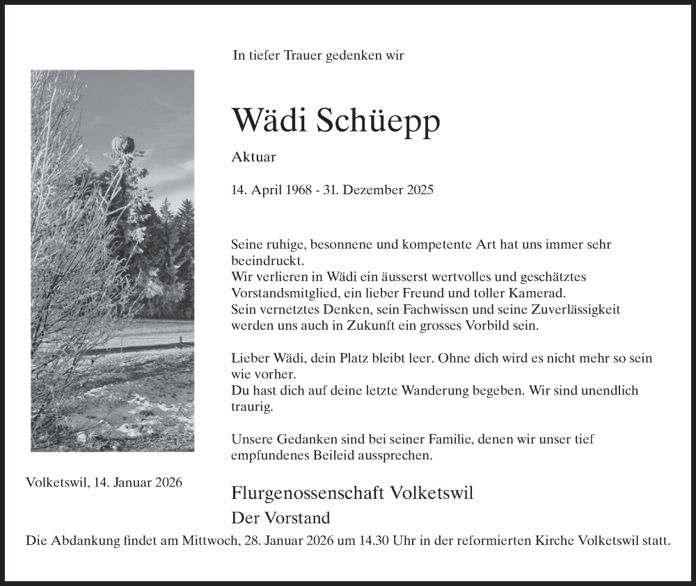  Traueranzeige für Wädi Schüepp vom 14.01.2026 aus AvU