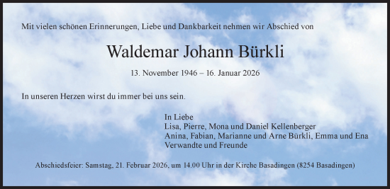 Traueranzeige von Waldemar Johann Bürkli von AvU