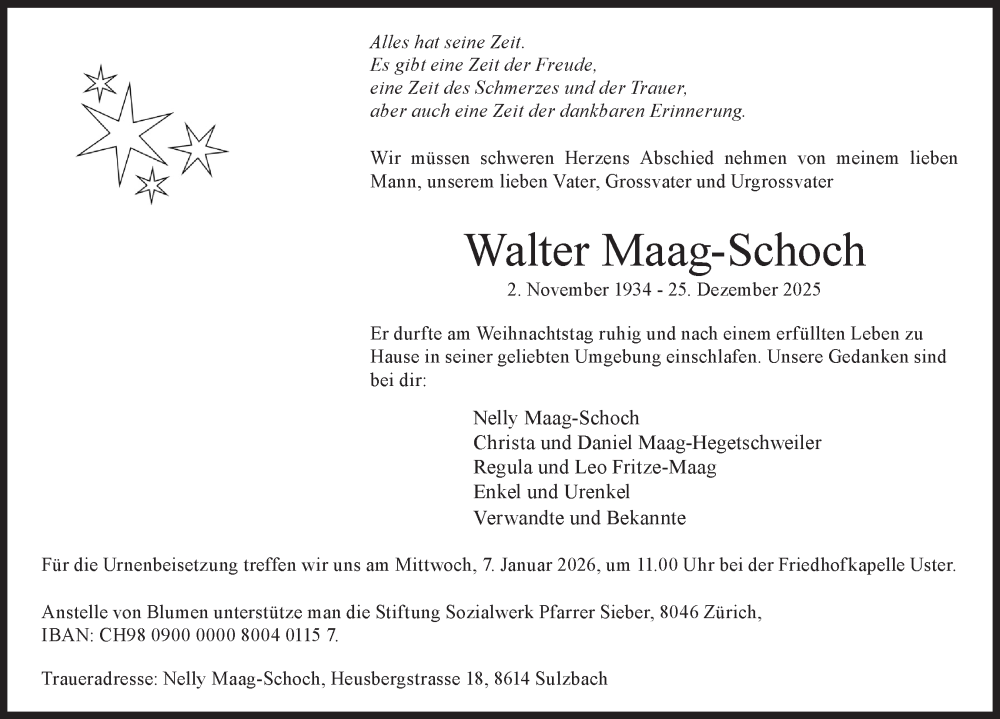  Traueranzeige für Walter Maag-Schoch vom 03.01.2026 aus AvU