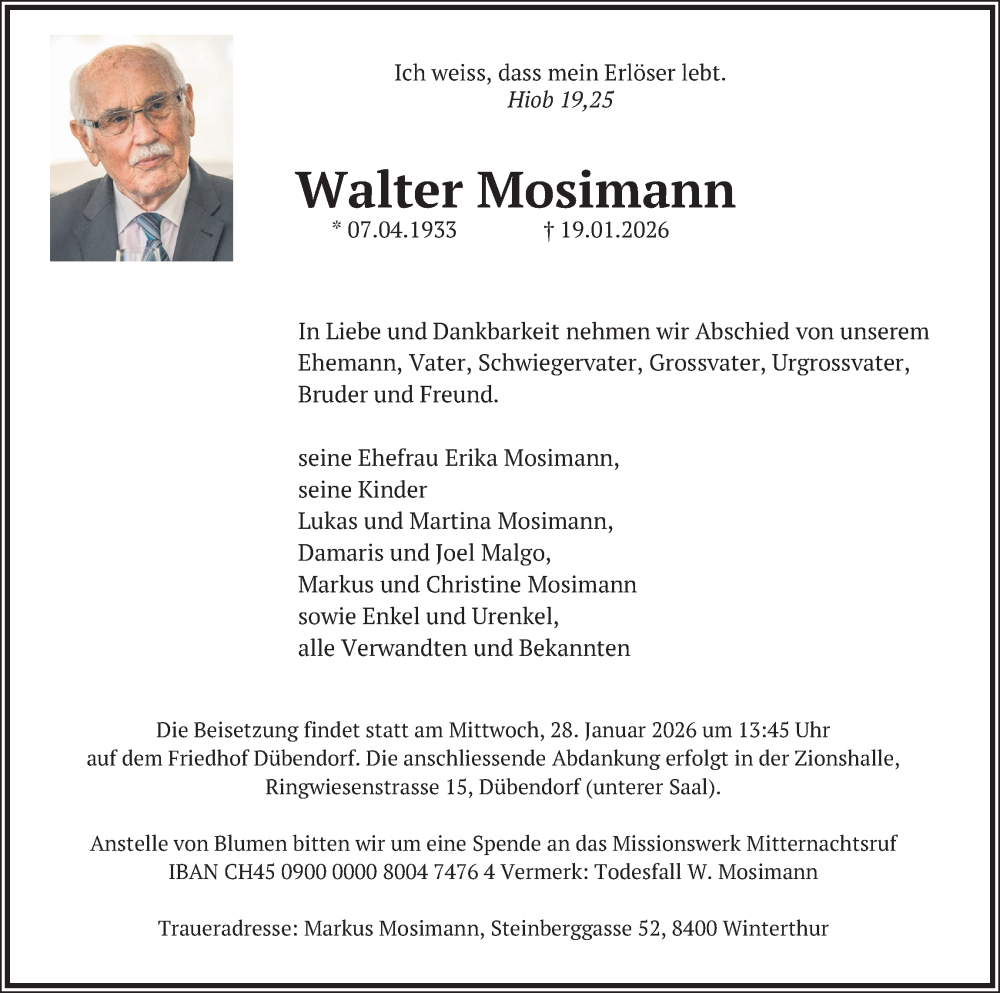  Traueranzeige für Walter Mosimann vom 27.01.2026 aus AvU